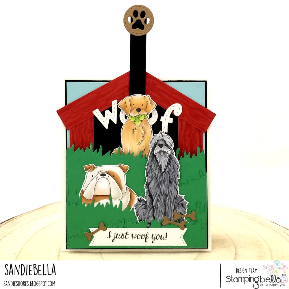 www.stampingbella.com: rubber stamp used: GOLDEN, WOLFHOUND and BULLDOG card by Sandie Dunne