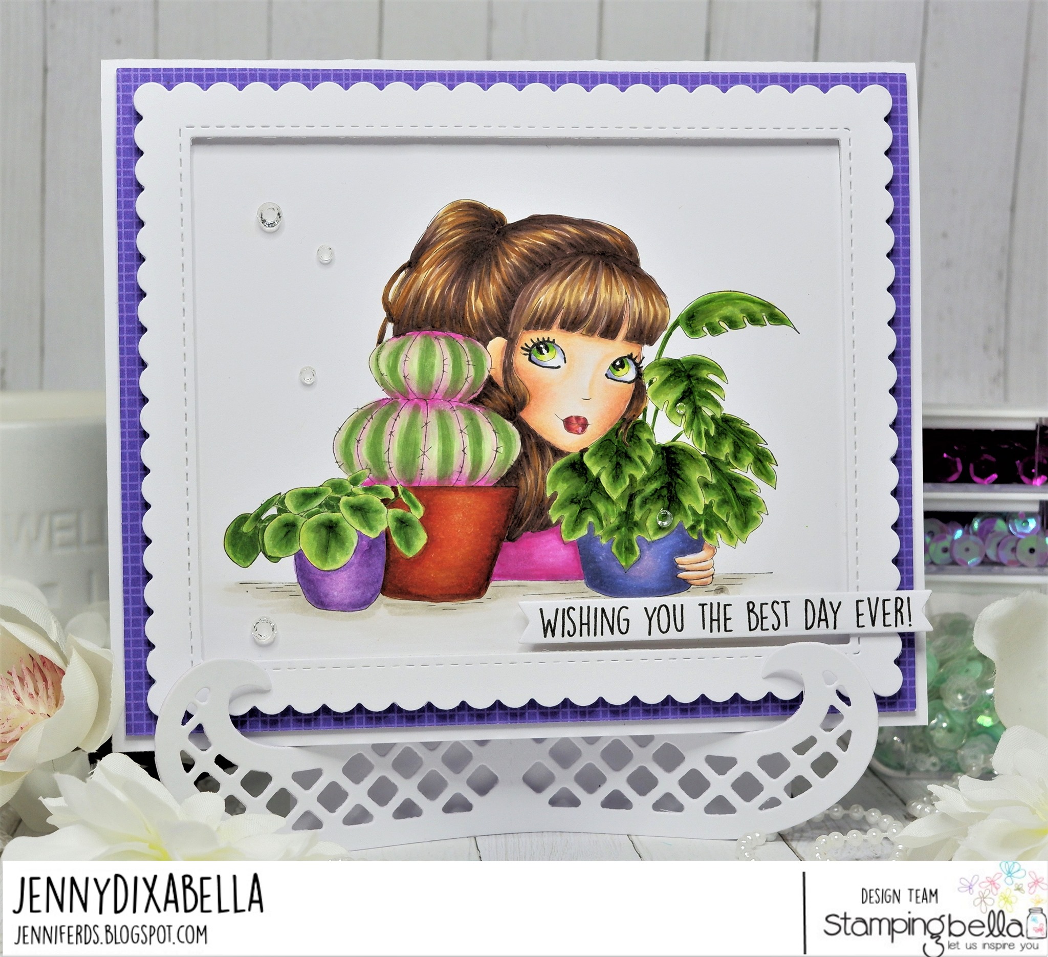 www.stampingbella.com: rubber stamp used MOCHI PLANT GIRL card by Jenny DIX