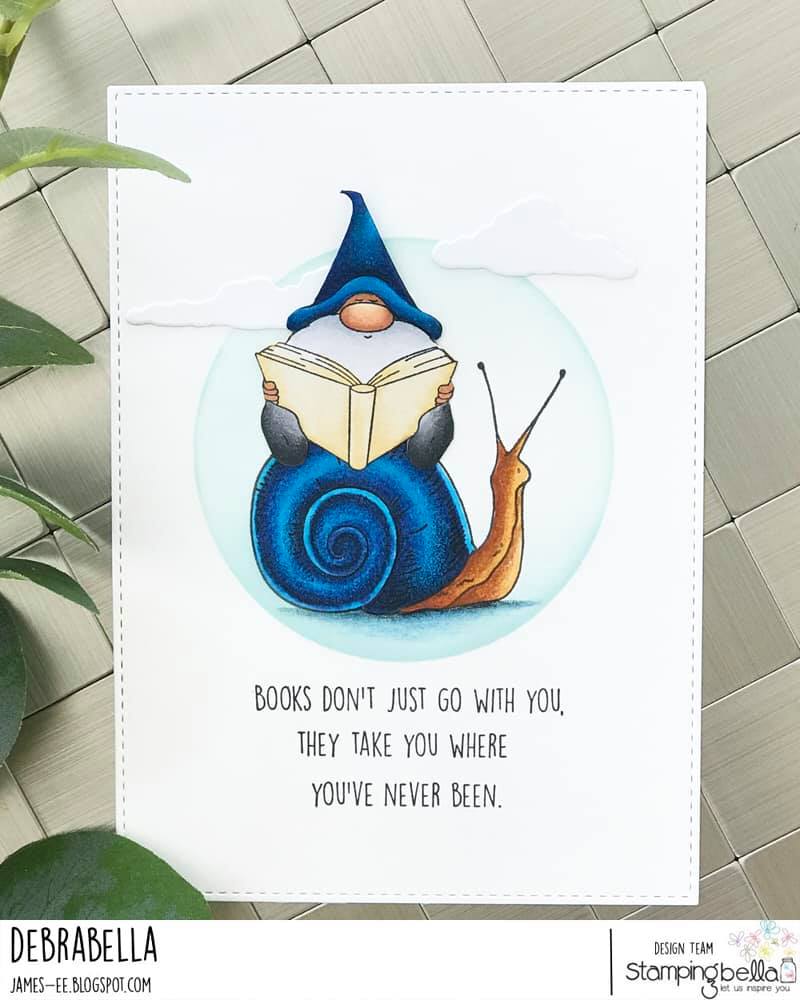 www.stampingbella.com: RUBBER STAMP USED READING GNOME and EDGAR AND MOLLY VINTAGE SNAIL SET card by DEBRA JAMES