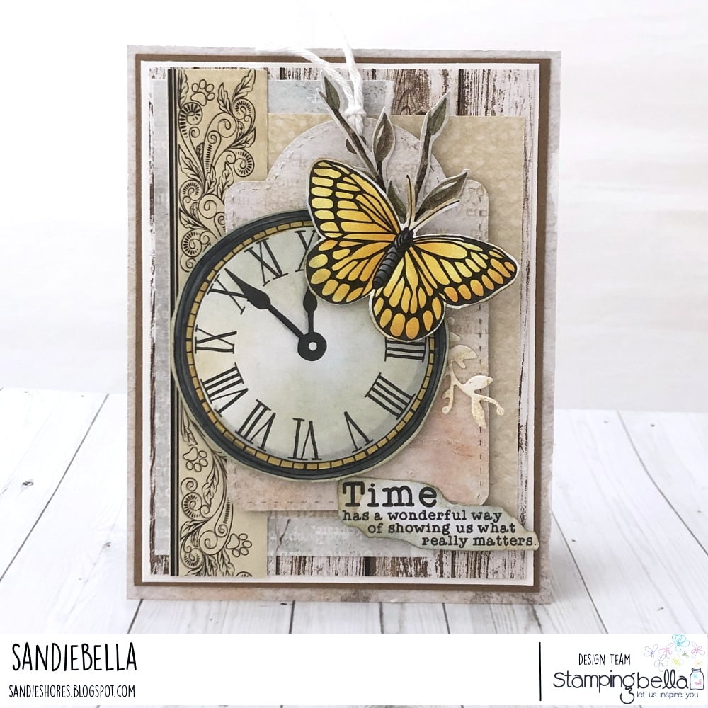 www.stampingbella.com:  rubber stamp used EDGAR AND MOLLY VINTAGE CLOCK COLLECTION card by SANDIE DUNNE