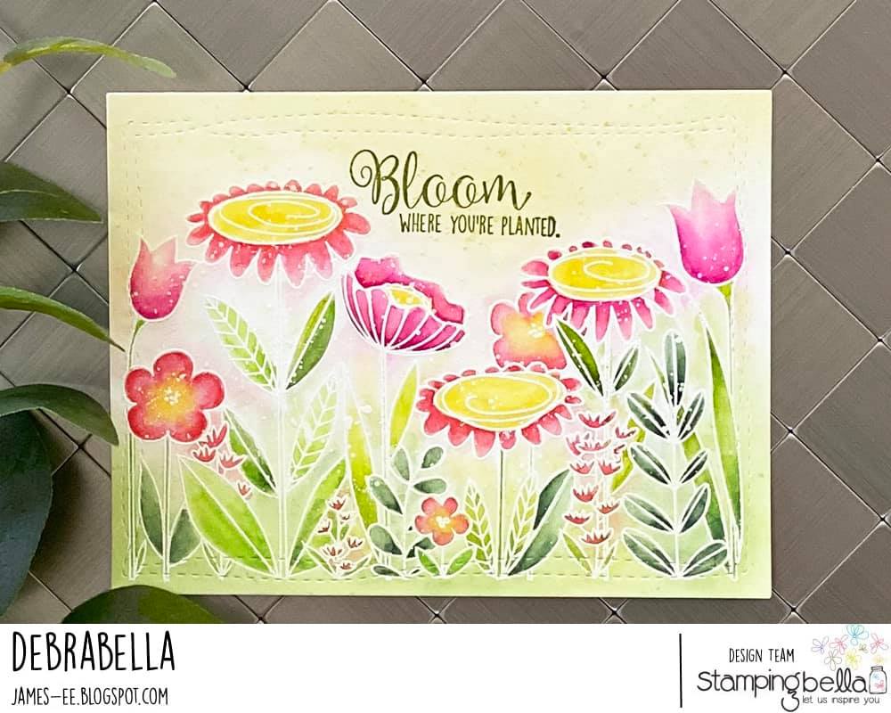 www.stampingbella.com: rubber stamp used: FLORAL FOREST BACKDROP  card by Debra James