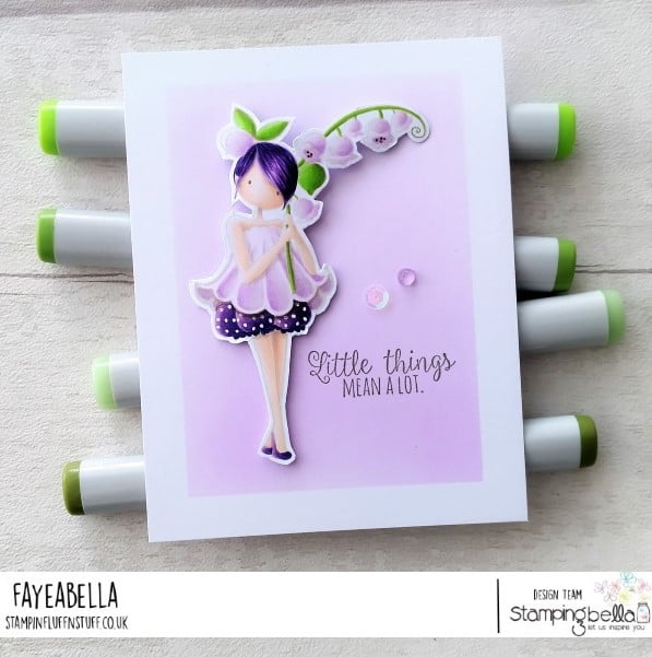 www.stampingbella.com: rubber stamp used TINY TOWNIE GARDEN GIRL LILY OF THE VALLEY, card by FAYE WYNN JONES