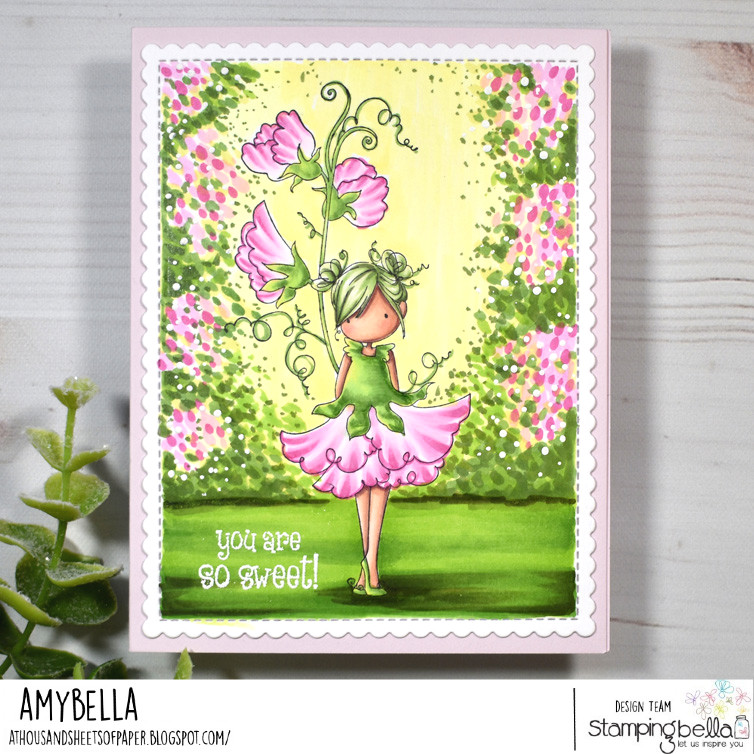 www.stampingbella.com: rubber stamp used: TINY TOWNIE GARDEN GIRL SWEET PEA. card by AMY YOUNG