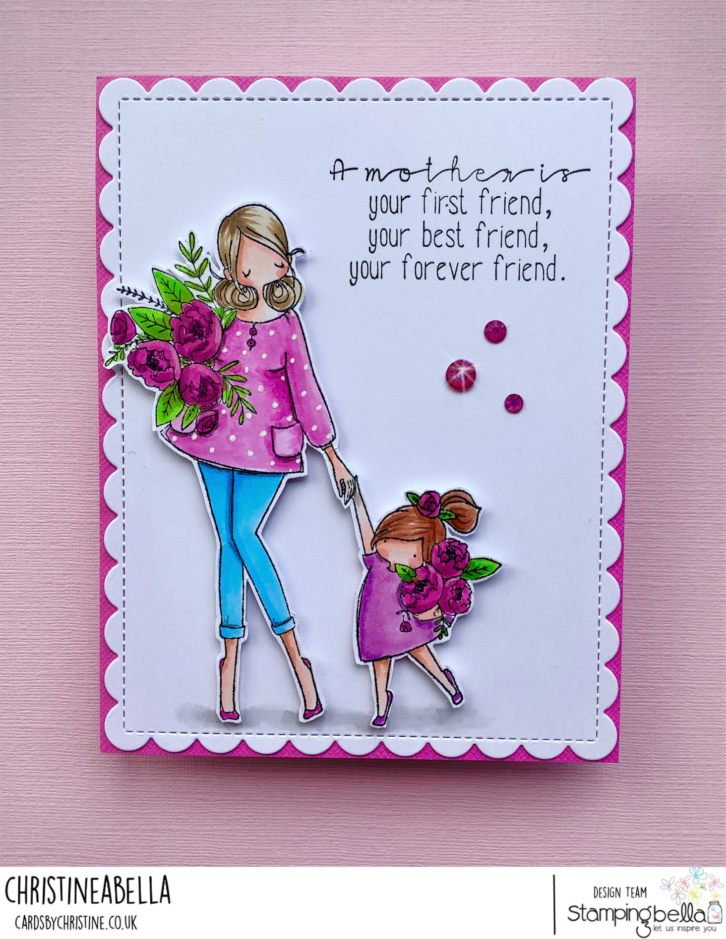 www.stampingbella.com: rubber stamp used CURVY GIRL HOLDING HANDS card by CHRISTINE LEVISON