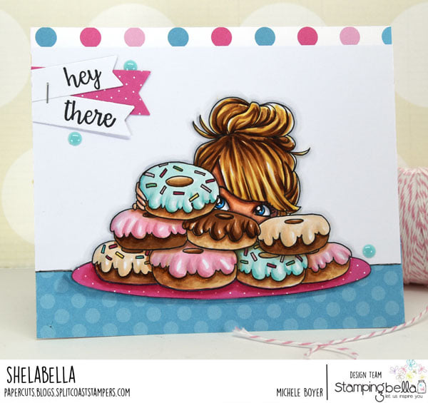 www.stampingbella.com: rubber stamp used: MOCHI DONUT GIRL card by Michele Boyer