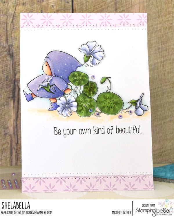 www.stampingbella.com: rubber stamp used: BUNDLE GIRL FLOWER MARCH. card by Michele Boyer