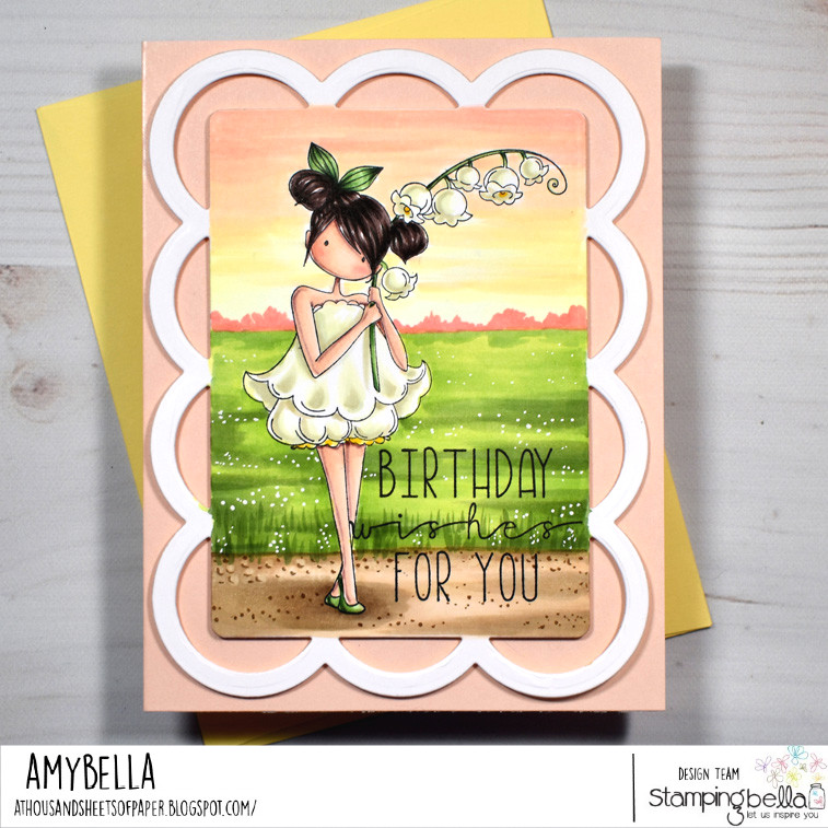 www.stampingbella.com: rubber stamp used: TINY TOWNIE GARDEN GIRL LILY OF THE VALLEY, card by AMY YOUNG