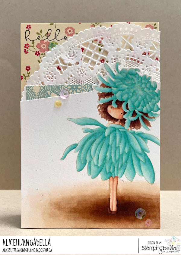 www.stampingbella.com: rubber stamp used TINY TOWNIE GARDEN GIRL CHRYSANTHEMUM  card by ALICE HUANG