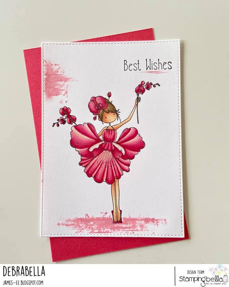 www.stampingbella.com: rubber stamp used: TINY TOWNIE GARDEN GIRL ORCHID, card by DEBRA JAMES