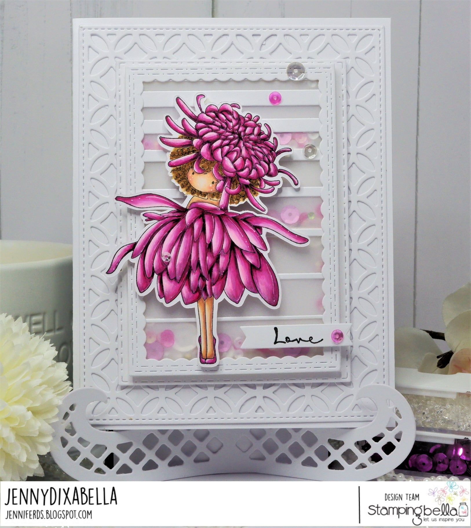 www.stampingbella.com: rubber stamp used: TINY TOWNIE GARDEN GIRL CHRYSANTHEMUM card by Jenny Dix