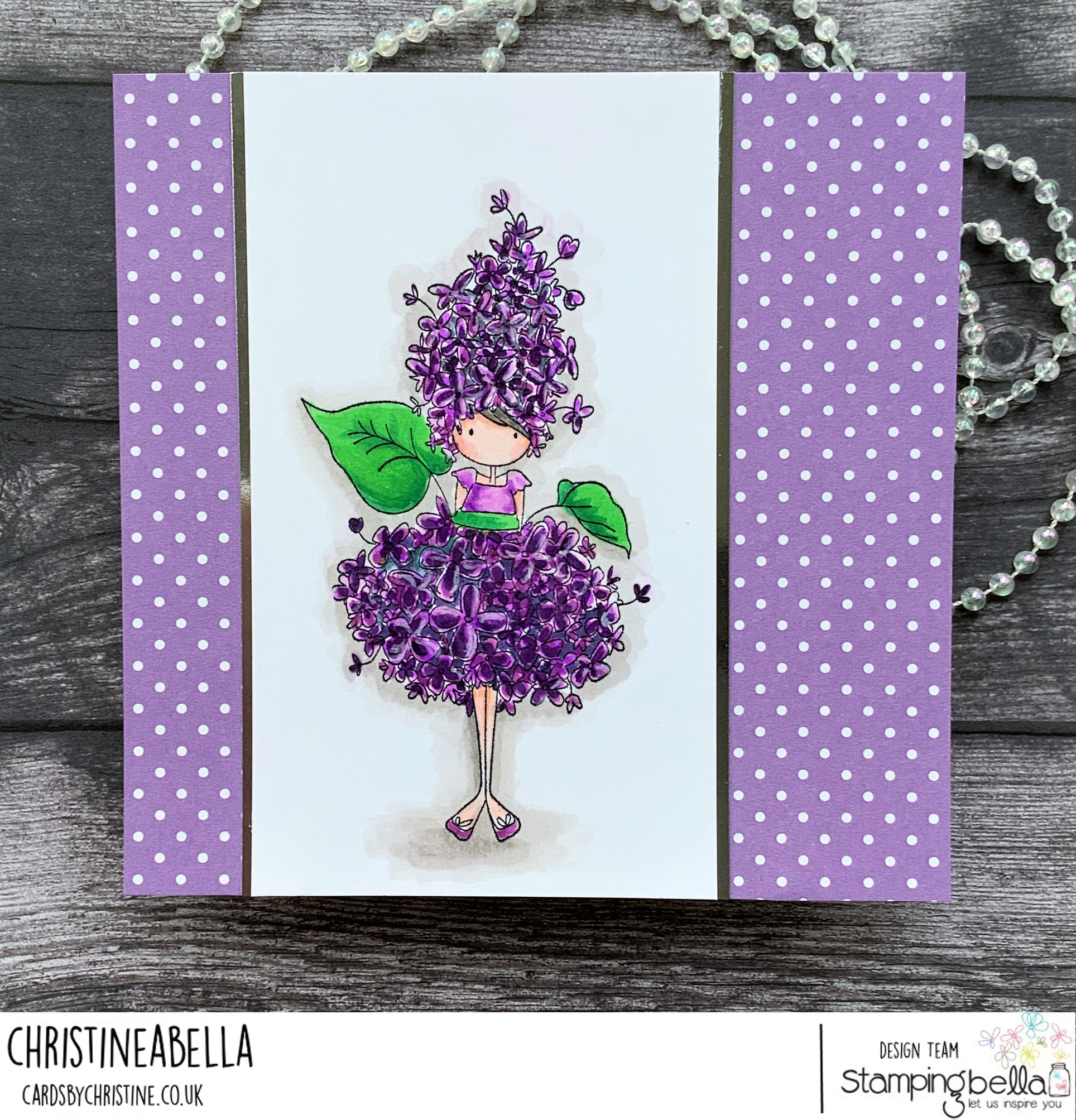 www.stampingbella.com: rubber stamp used: TINY TOWNIE GARDEN GIRL LILAC card by Christine Levison