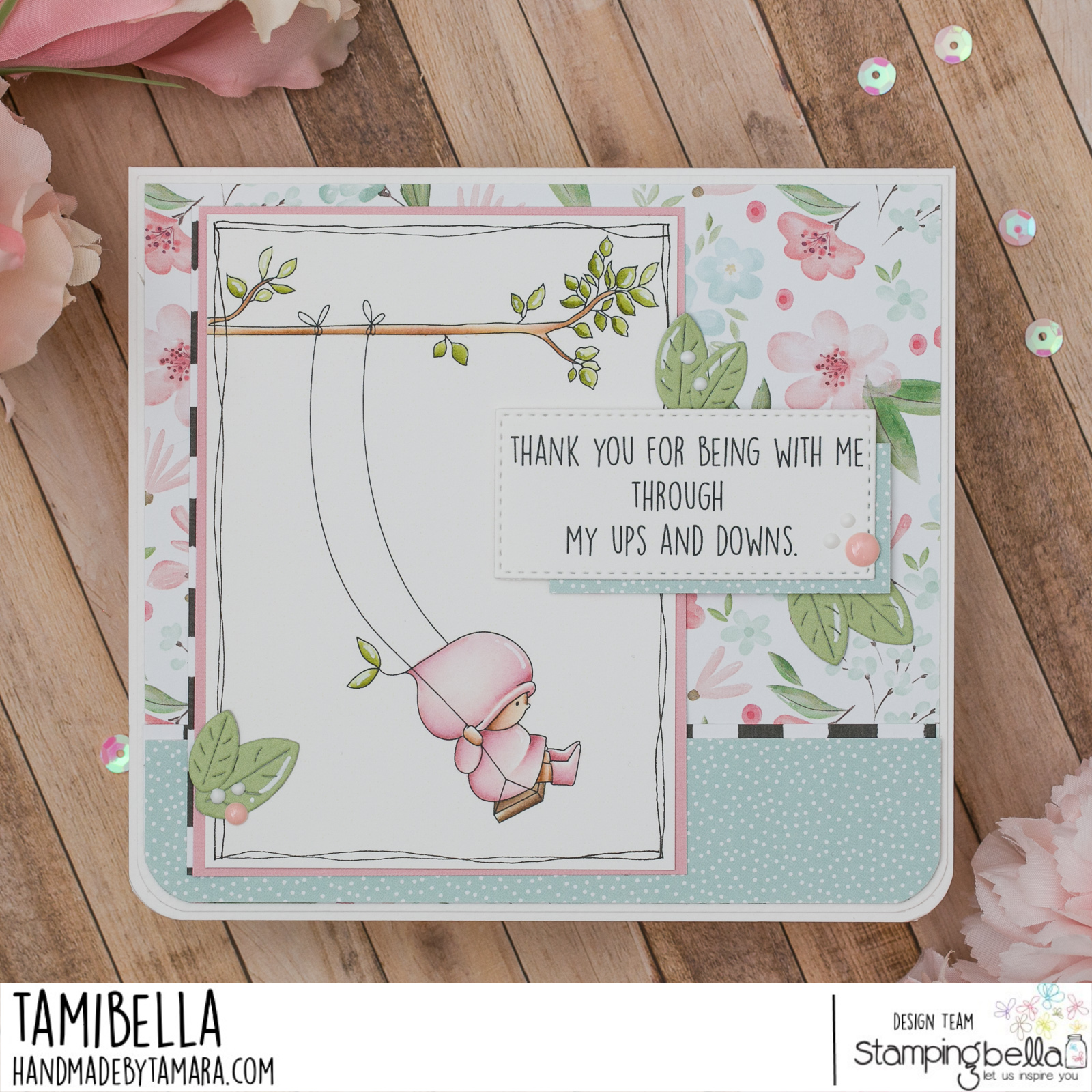 www.stampingbella.com: rubber stamp used: BUNDLE GIRL ON A SWING card by Tamara Potocznik