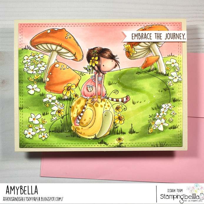 www.stampingbella.com: rubber stamp used: tiny townie SALLY and her SNAIL and our GNOME BACKDROP card by Amy Young