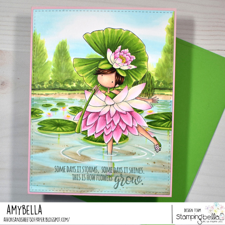 www.stampingbella.com: rubber stamp used: TINY TOWNIE GARDEN GIRL WATERLILY card by Amy Young