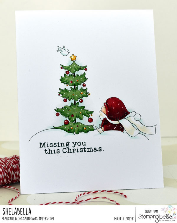 www.stampingbella.com: rubber stamp used: BUNDLE GIRL WITH A CHRISTMAS TREE and a BIRDIE. card by Michele Boyer