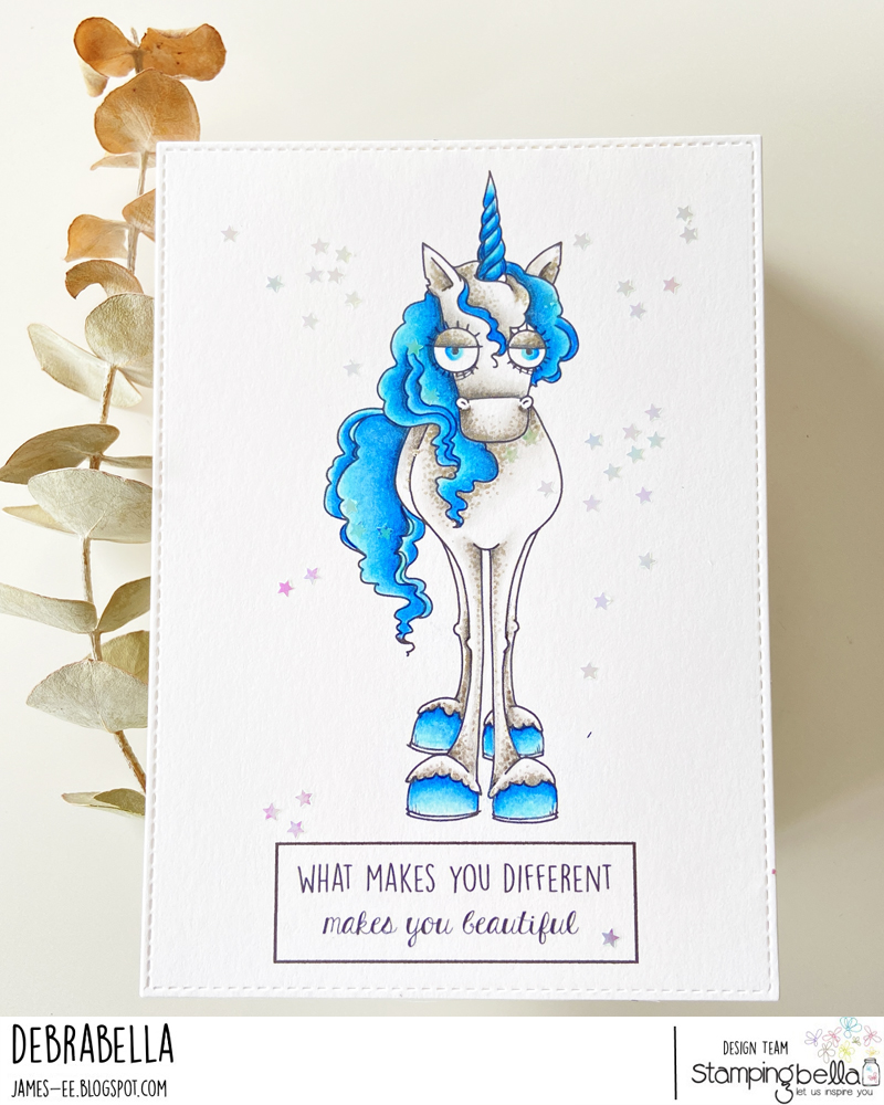 www.stampingbella.com: RUBBER STAMP USED: ODDBALL UNICORN card by Debra James