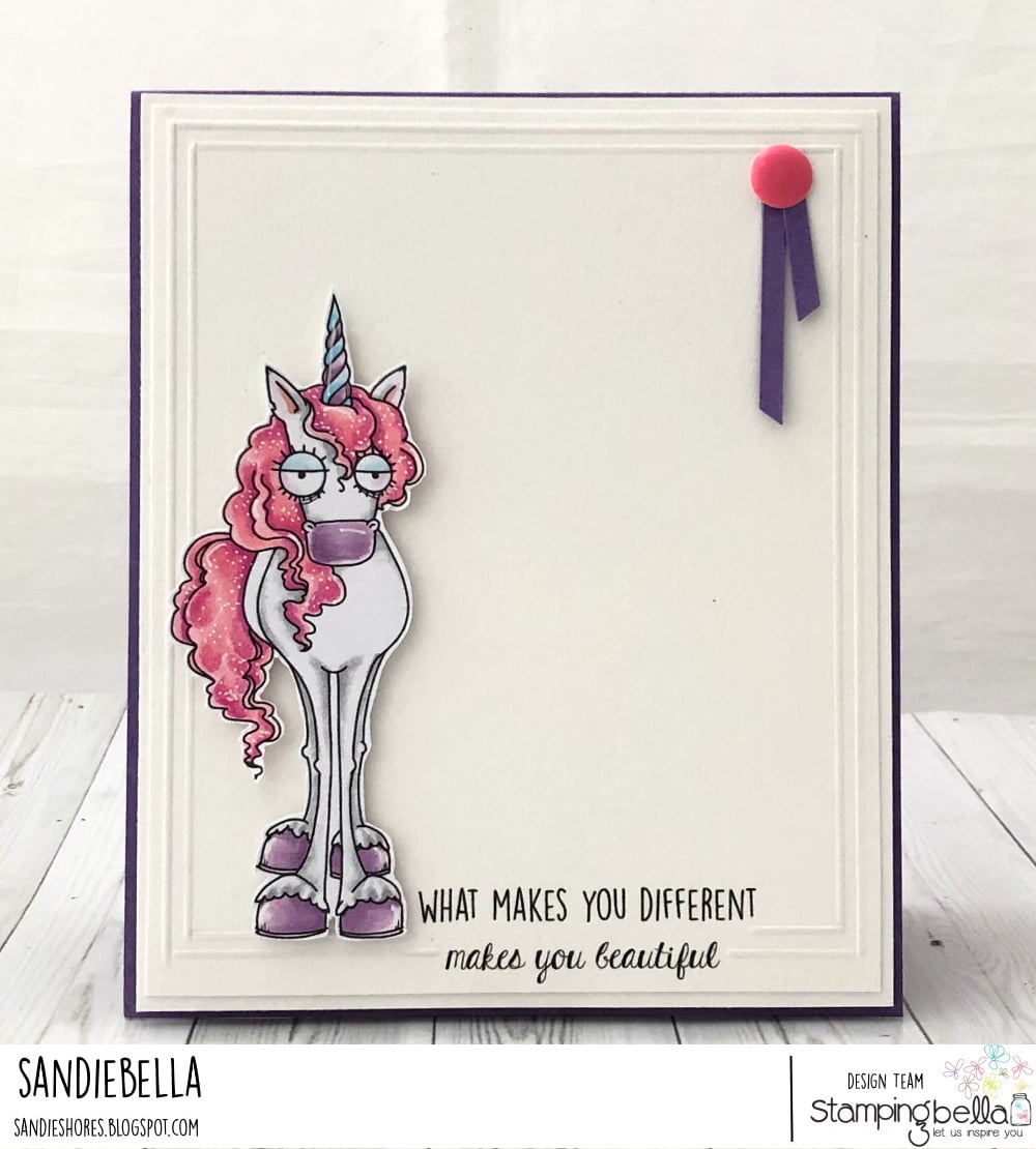 www.stampingbella.com: rubber stamp used: ODDBALL UNICORN card by Sandie Dunne