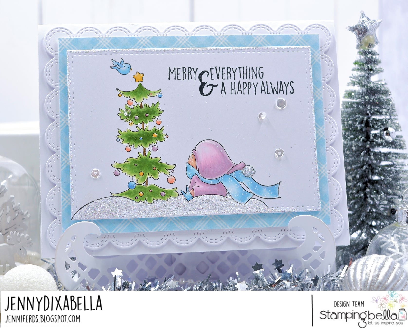 www.stampingbella.com: rubber stamp used: Bundle Girl with a Christmas tree and a birdie.. card by Jenny Dix