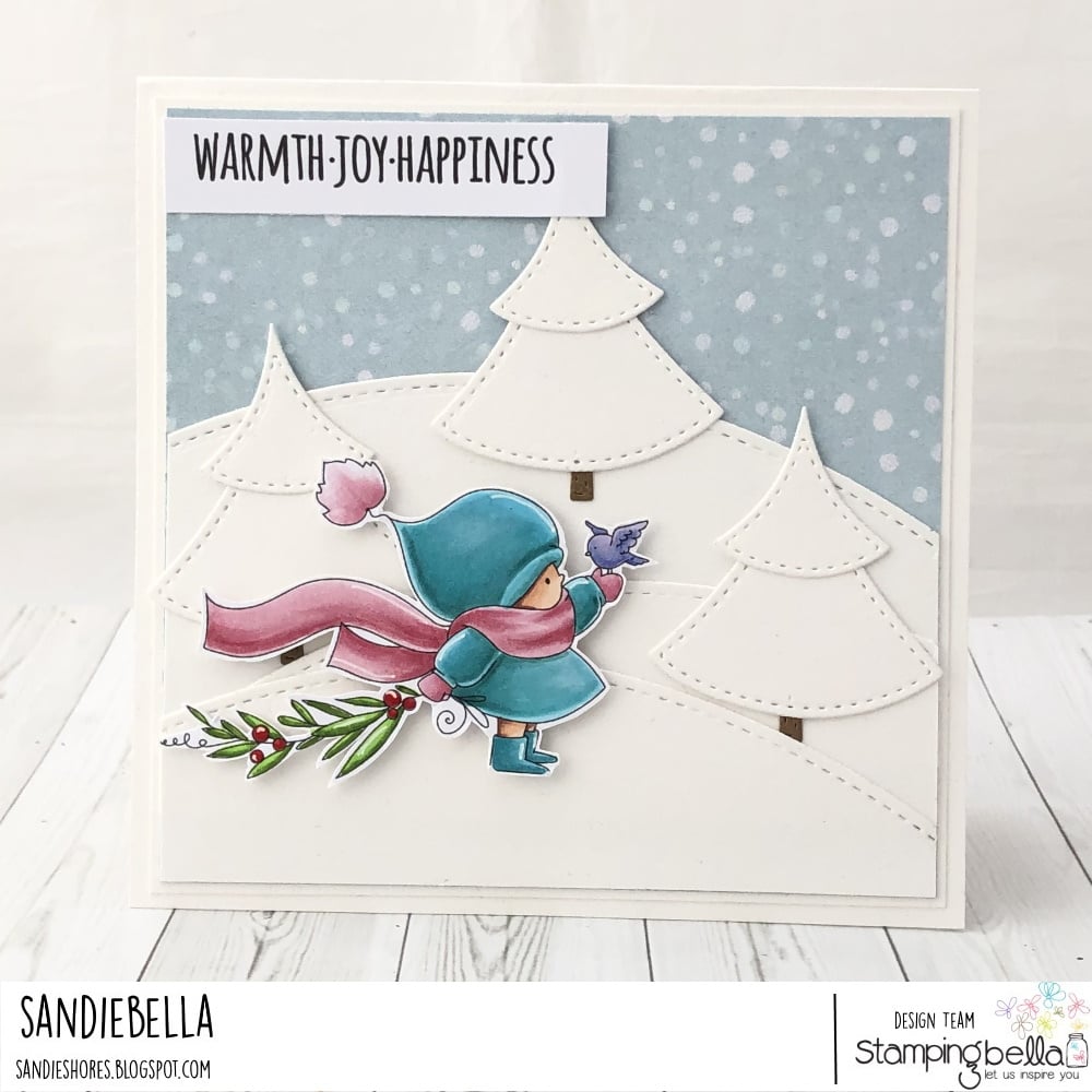 www.stampingbella.com: rubber stamp used:Bundle girl with a WINTER BRANCH card by Sandie Dunne