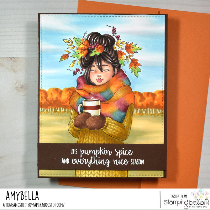 www.stampingbella.com rubber stamp used :MOCHI FALL GIRL. card by Amy Young