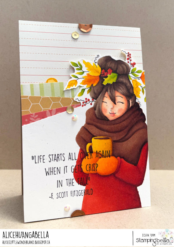 www.stampingbella.com: rubber stamp used: MOCHI FALL GIRL card by Alice Huang