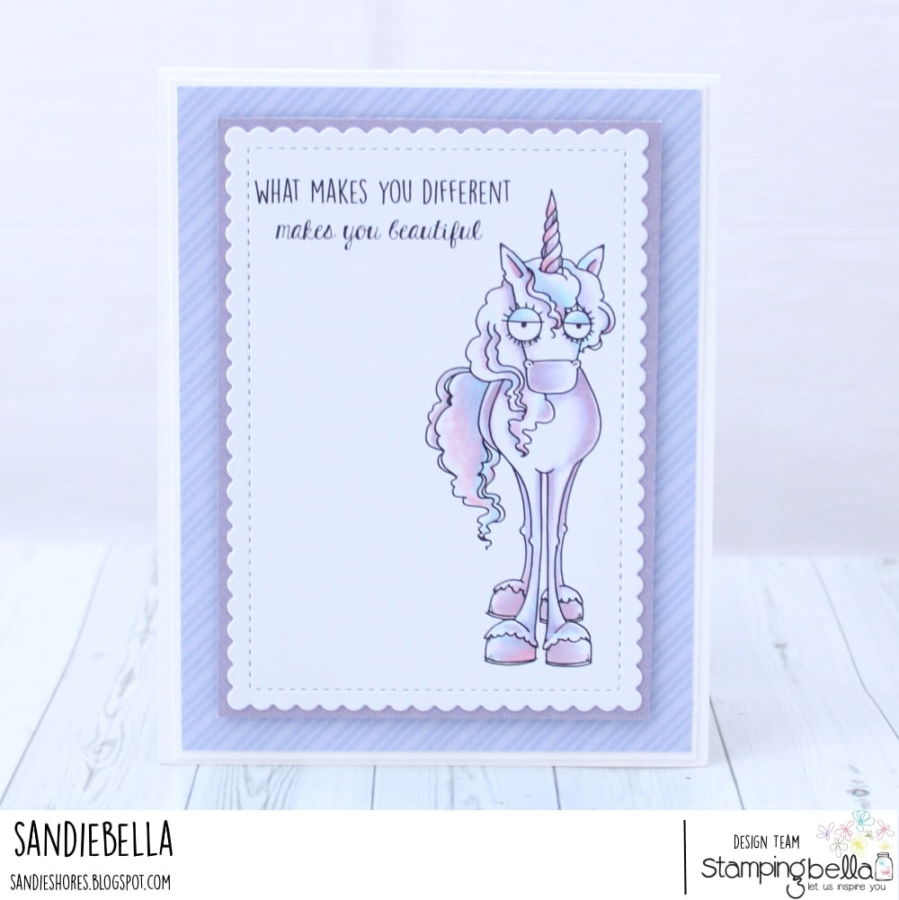 www.stampingbella.com: rubber stamp used: ODDBALL UNICORN card by Sandie Dunne