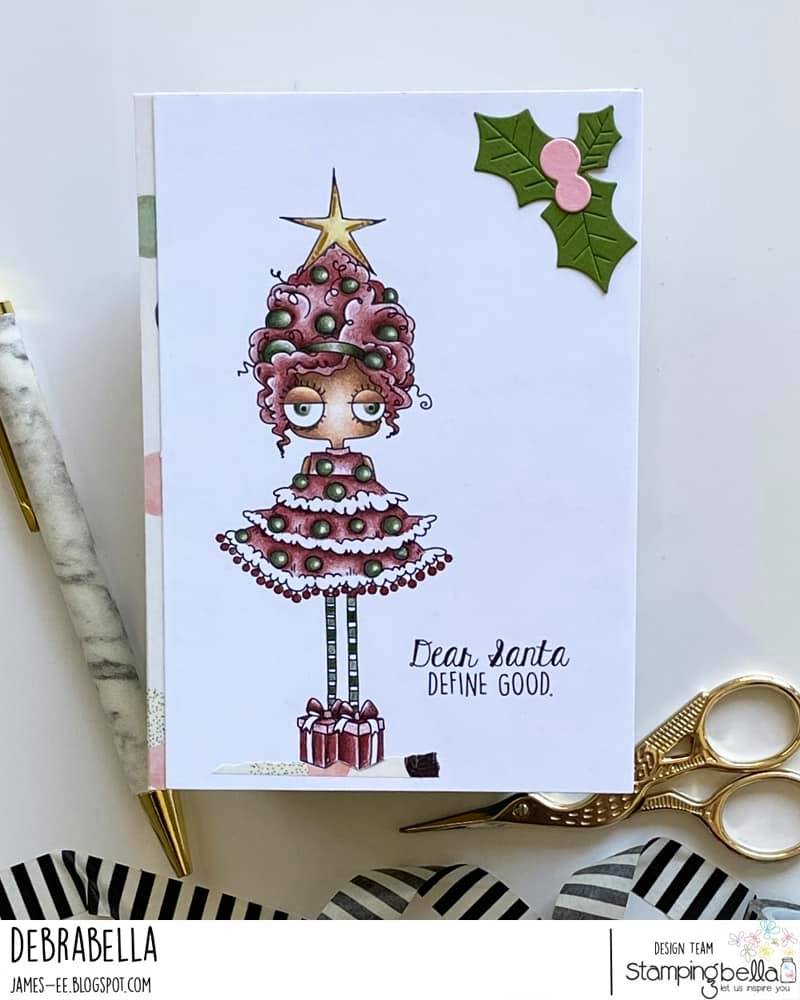 www.stampingbella.com: rubber stamp used: CHRISTMAS TREE ODDBALL card by Debra James