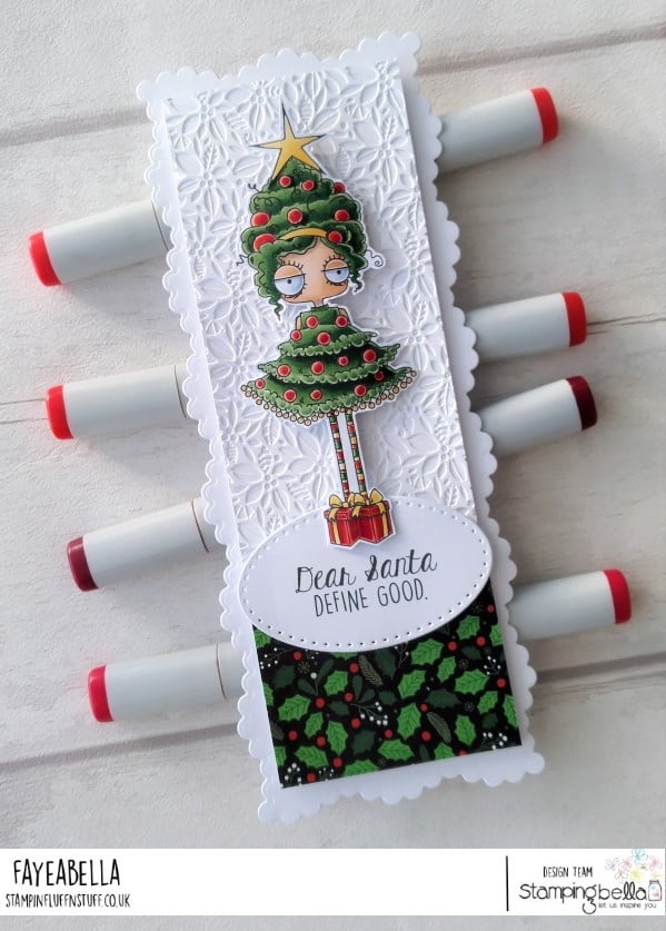 www.stampingbella.com: rubber stamp used: CHRISTMAS TREE ODDBALL card by Faye Wynn Jones