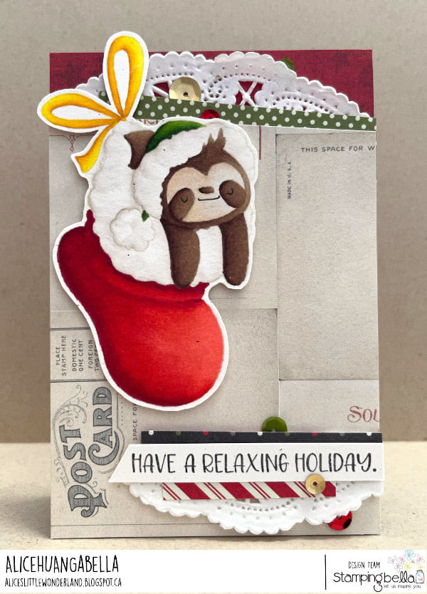 www.stampingbella.com: rubber stamp used: Sloth in a STOCKING card by Alice Huang