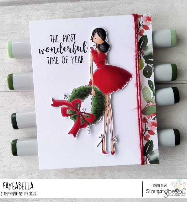 www.stampingbella.com: rubber stamp used: UPTOWN GIRL WREN has a WREATH card by Faye Wynn Jones