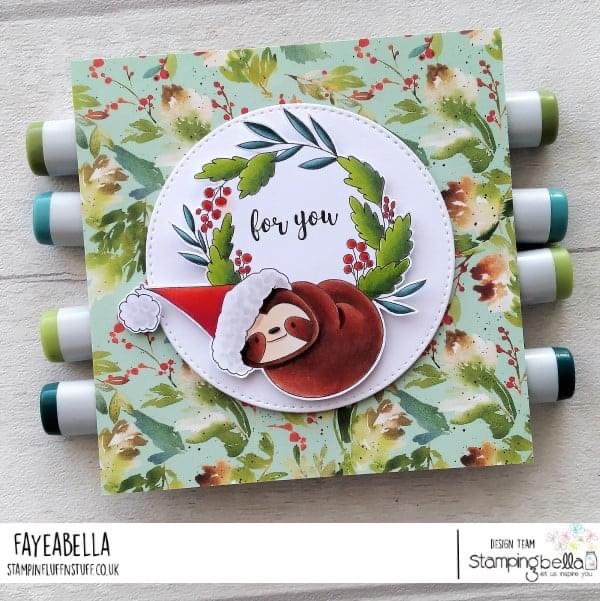 Www.stampingbella.com/ rubber stamp used : sloth on a wreath . Card by Faye Wynn Jones 