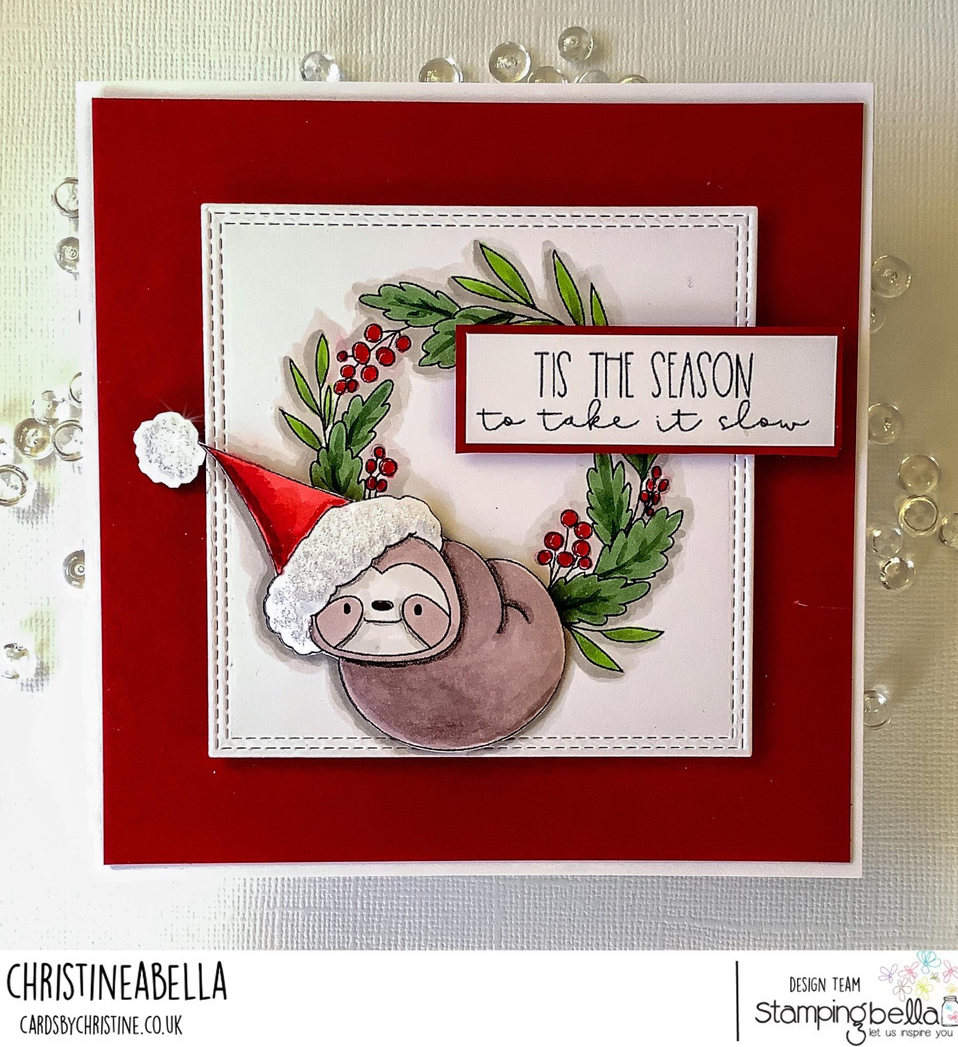 Www.stampingbella.com/rubber stamp used sloth on a wreath card by Christine  Levisom