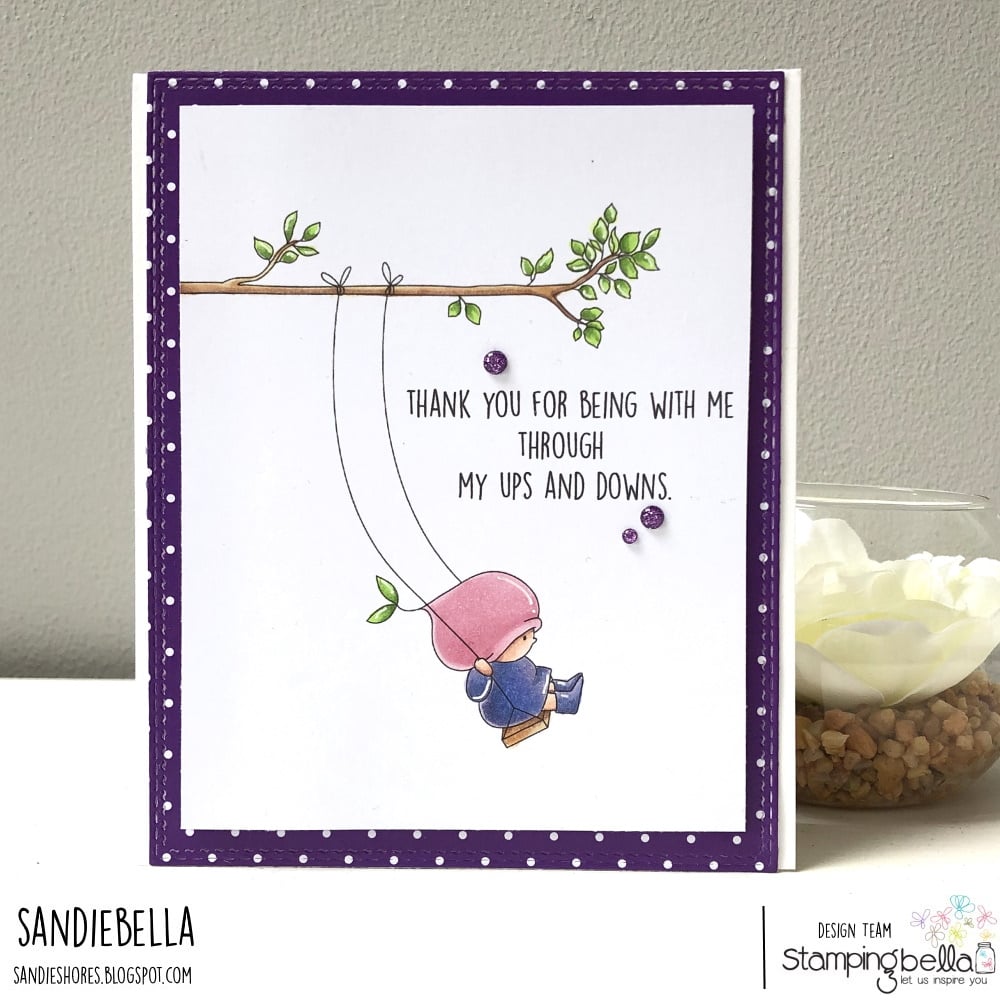 www.stampingbella.com: rubber stamp used:BUNDLE GIRL ON A SWING card by Sandie Dunne