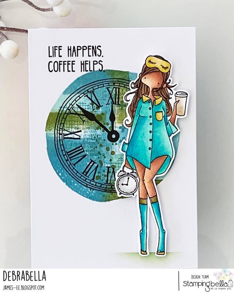 www.stampingbella.com: rubber stamp used: CURVY GIRL LOVES COFFEE and clock from our edgar and Molly VINTAGE clock set  card by Debra JAmes