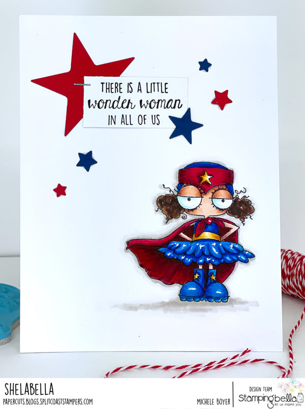 www.stampingbella.com: rubber stamp used: MINI ODDBALL SUPERHERO. card by Michele Boyer