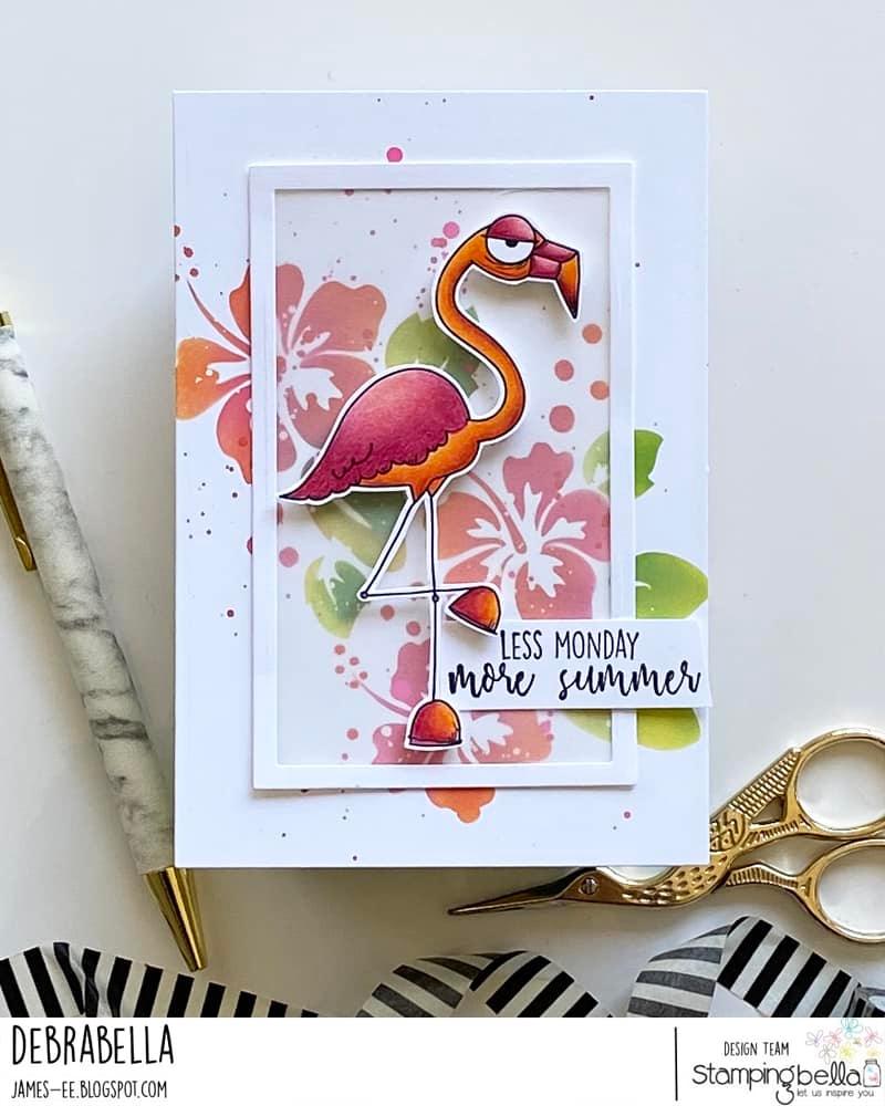  www.stampingbella.com: rubber stamp used: ODDBALL FLAMINGO. Card by Debra James