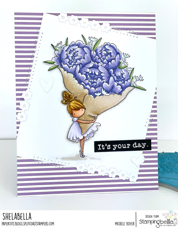 www.stampingbella.com: rubber stamp used: TEENY TINY TOWNIE WITH A BOUQUET card by Michele Boyer