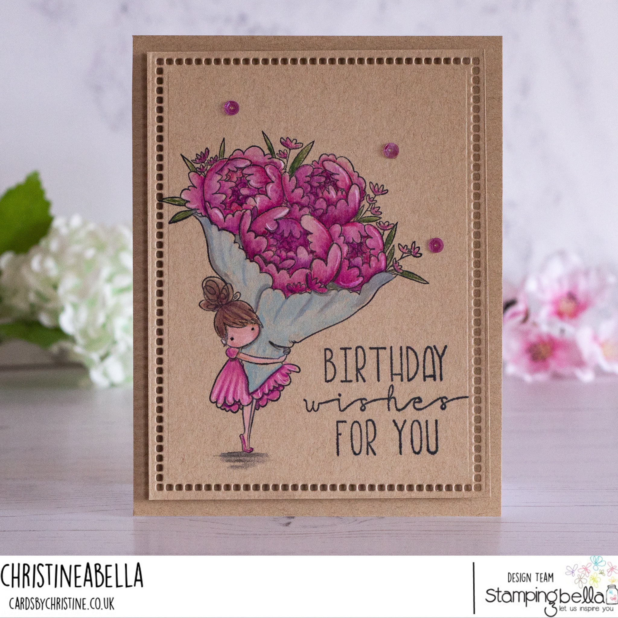 www.stampingbella.com: rubber stamp used: TEENY TINY TOWNIE WITH A BOUQUET card by Christine Levison