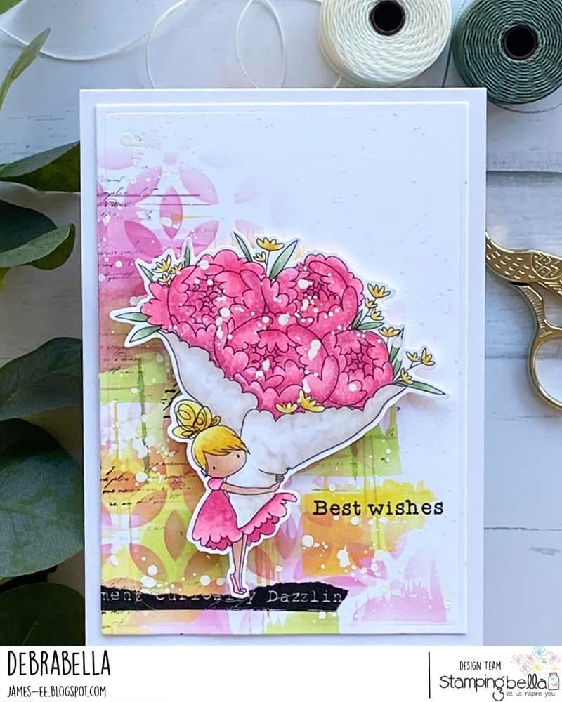 www.stampingbella.com: rubber stamp used: TEENY TINY TOWNIE WITH A BOUQUET card by Debra James