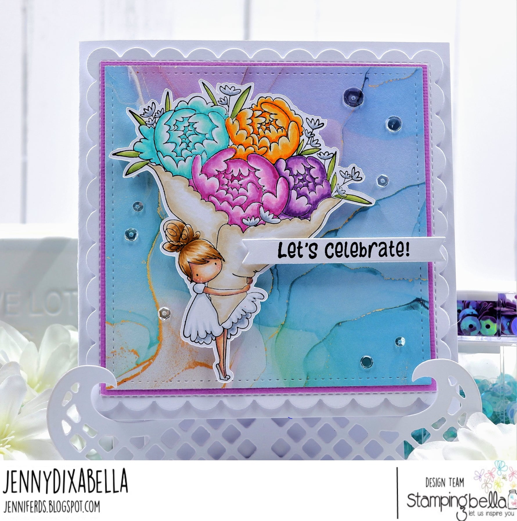 www.stampingbella.com: rubber stamp used: TEENY TINY TOWNIE WITH A BOUQUET card by  Jenny Dix