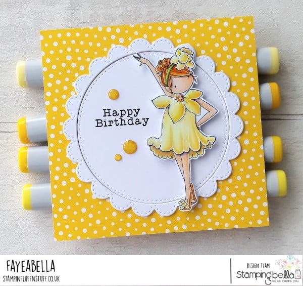 www.stampingbella.com: rubberstamp used: TINY TOWNIE GARDEN GIRL DAFFODIL card by Faye Wynn Jones