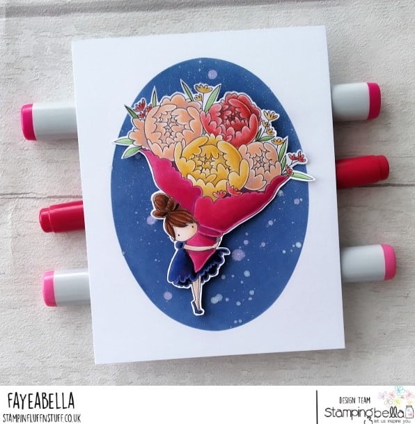 www.stampingbella.com: rubber stamp used: TEENY TINY TOWNIE WITH A BOUQUET card by Faye Wynne Jones