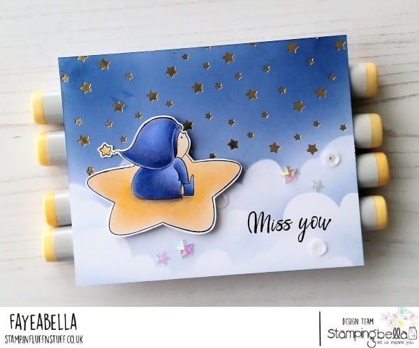 www.stampingbella.com: rubber stamp used: BUNDLE GIRL in the SKY card by FAYE WYNN JONES