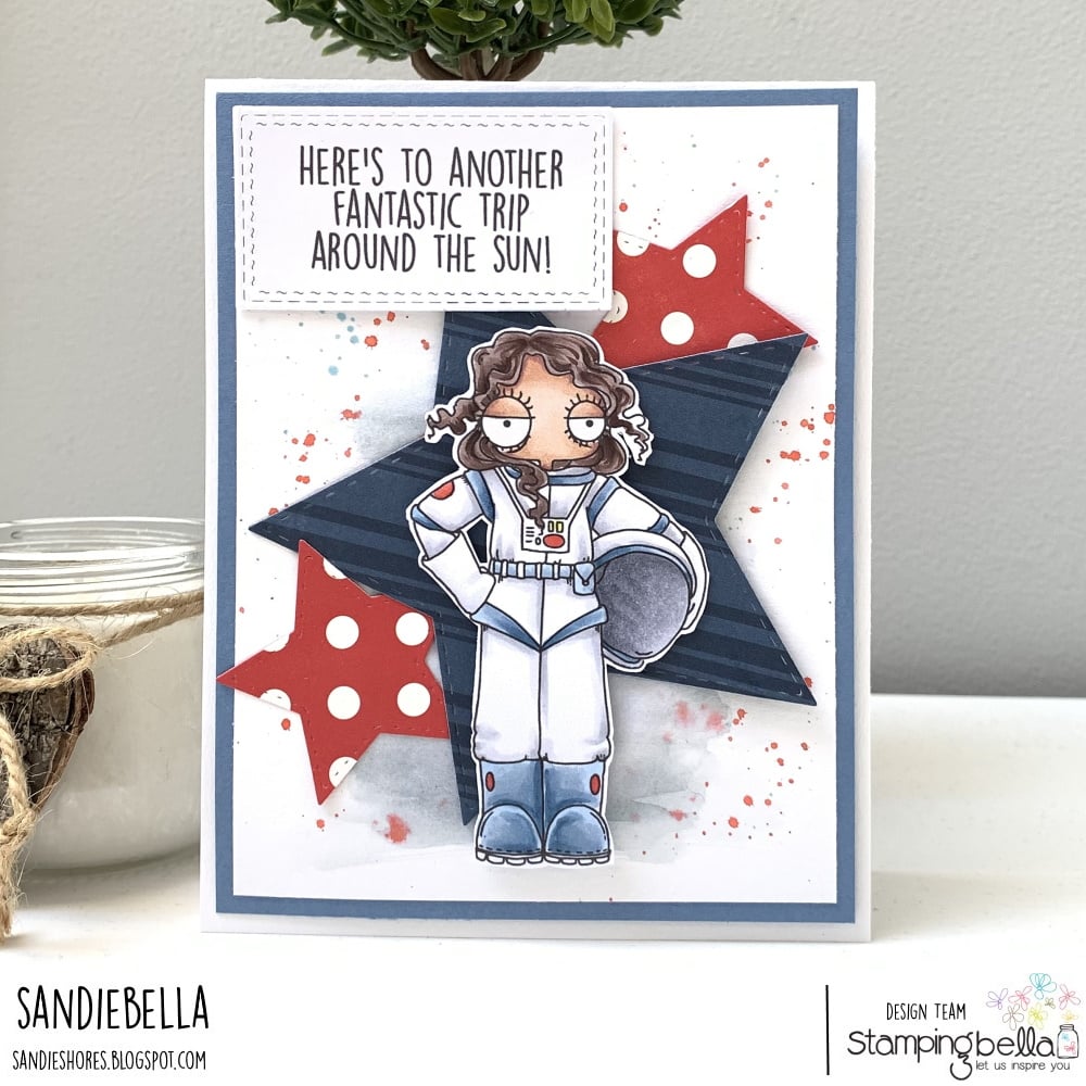 www.stampingbella.com: rubber stamp used : ODDBALL GIRL ASTRONAUT card by Sandie Dunne