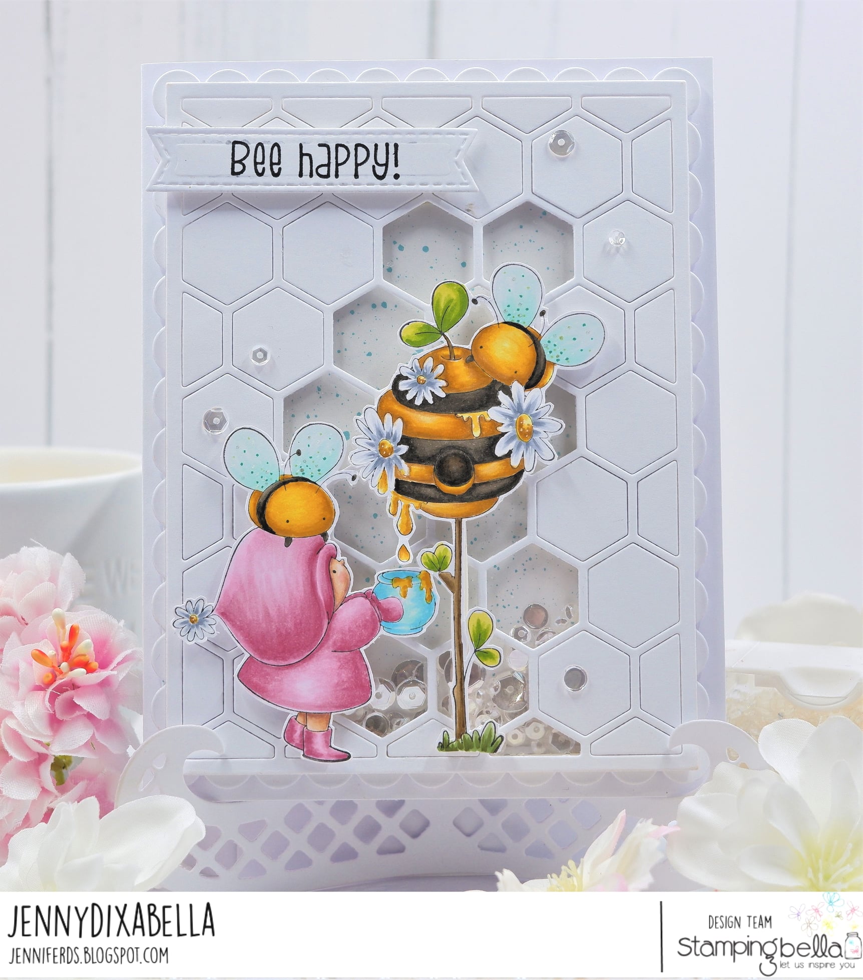 www.stampingbella.com: rubber stamp used BUNDLE GIRL with a BEEHIVE card by Jenny Dix