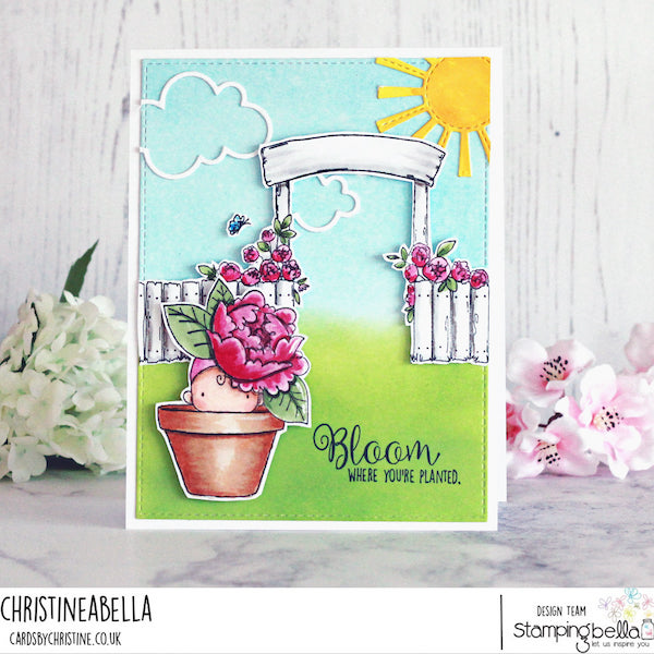 www.stampingbella.com: rubber stamp used:  GARDEN BACKDROP and PEONY BABY in a POT card by Christine Levison