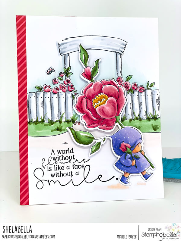 www.stampingbella.com: rubber stamp used:  GARDEN BACKDROP and BUNDLE GIRL WITH A ROSE card by Michele Boyer