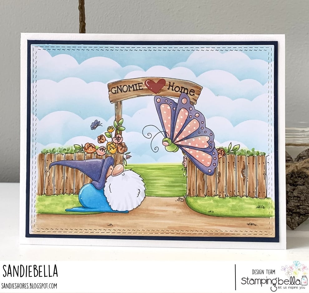 www.stampingbella.com: rubber stamp used:  GARDEN BACKDROP and the GNOME AND THE BUTTERFLY card by Sandie Dunne