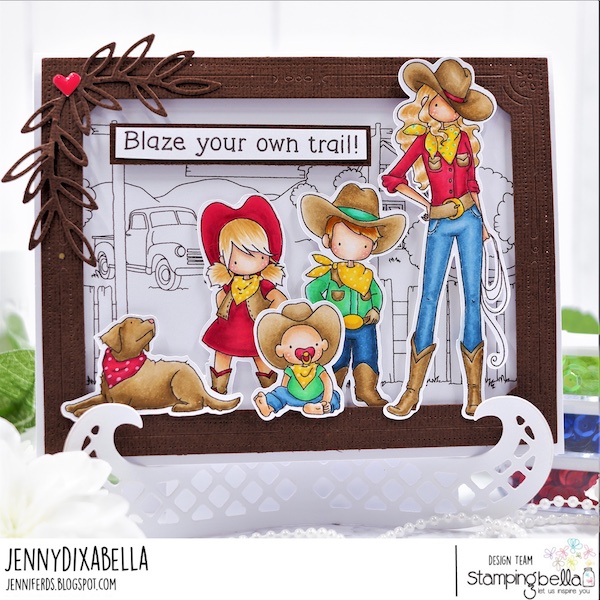 www.stampingbella.com: rubber stamp used: COWBOY BACKDROP, COWBOY SENTIMENT SET, UPTOWN COWBOY PARENTS, UPTOWN COWBOY PETS, Uptown Cowboy PETS card by Jenny Dix