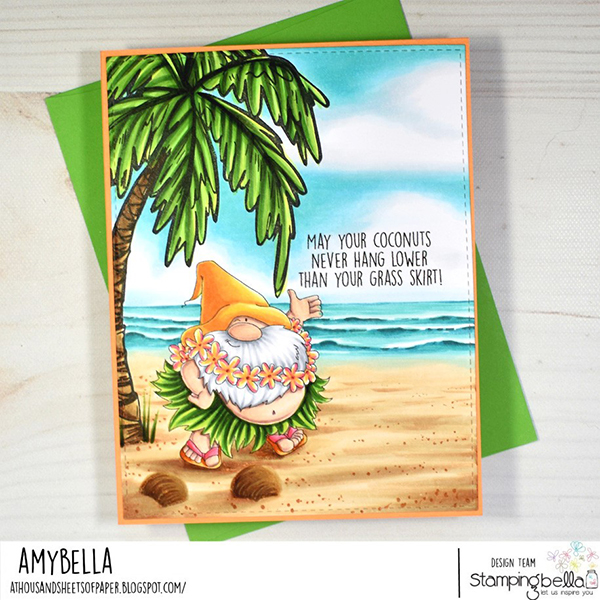 www.stampingbella.com: rubber stamp used:HULA GNOME, card by Amy Young